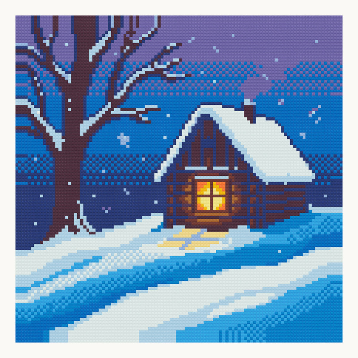 Snowy Cottage at Dusk · 30 × 30 cm round-diamond digital preview. Finished colors and sparkle can vary.