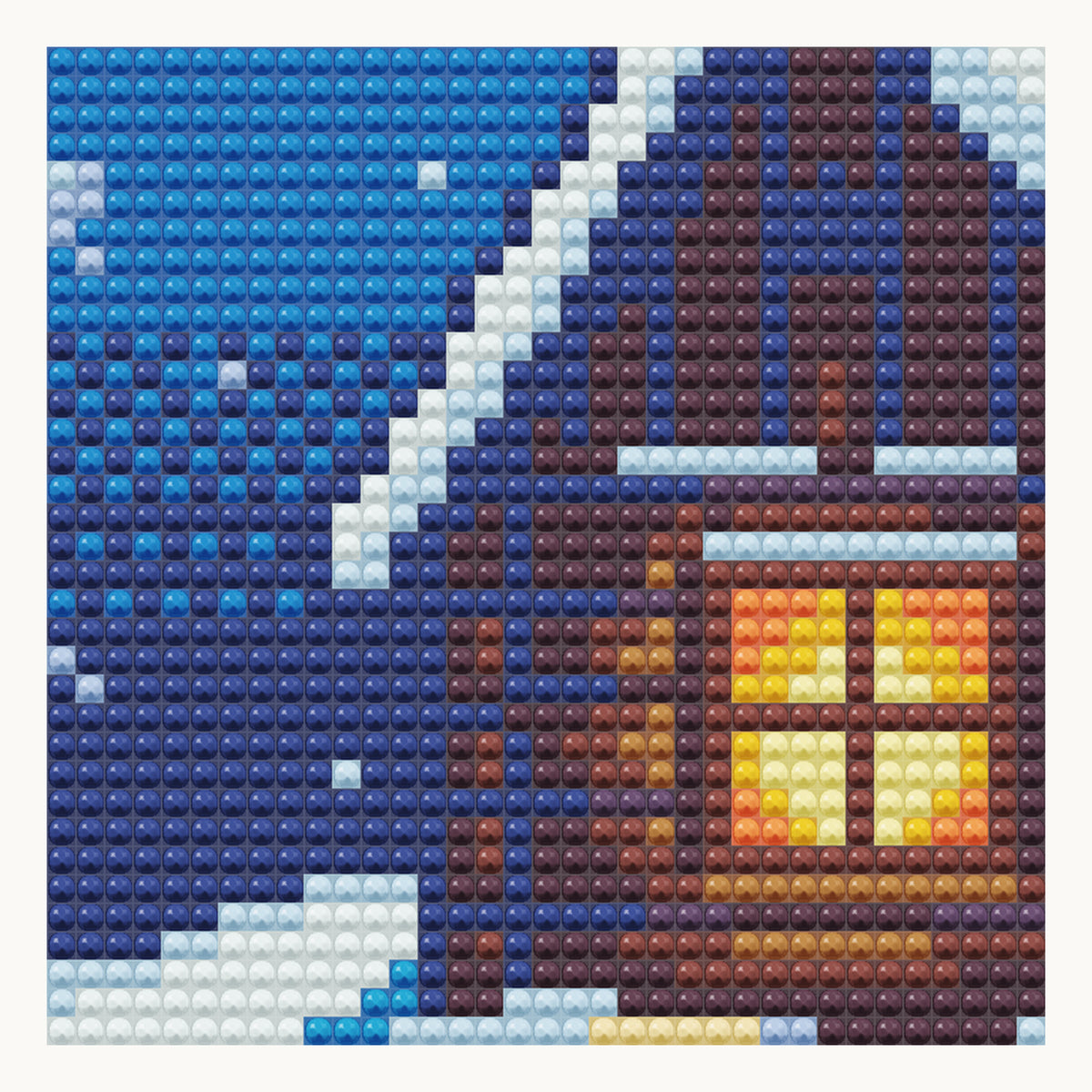 Snowy Cottage at Dusk · local detail of the 30 × 30 cm pattern, shown as a digital round-diamond simulation, not a finished sample photo.