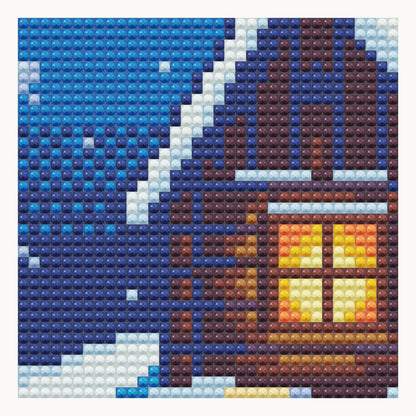 Snowy Cottage at Dusk · local detail of the 30 × 30 cm pattern, shown as a digital round-diamond simulation, not a finished sample photo.