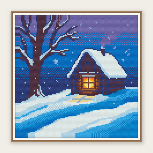 Snowy Cottage at Dusk · 30 × 30 cm picture in a digital framing illustration. Frame not included.