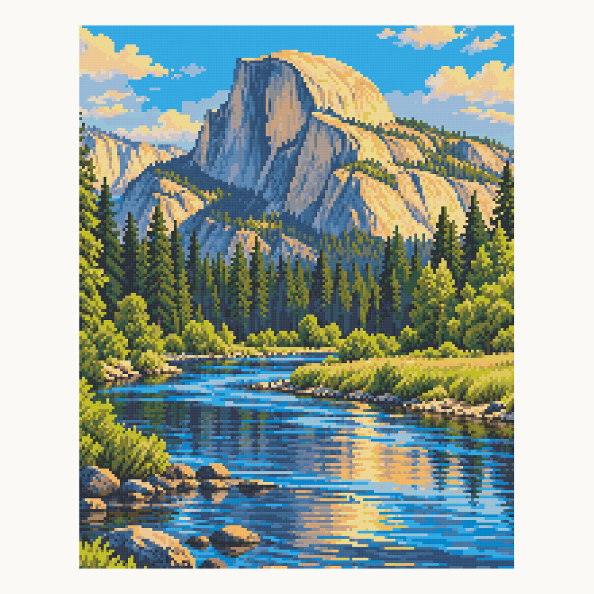 Half Dome & Merced River · 40 × 50 cm square-diamond digital preview. Finished colors and sparkle can vary.
