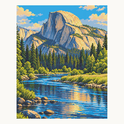 Half Dome & Merced River · 40 × 50 cm square-diamond digital preview. Finished colors and sparkle can vary.