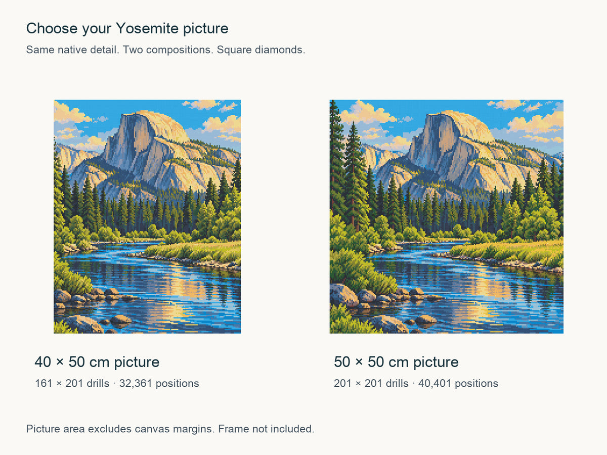 Available picture compositions: 40 × 50 cm portrait and 50 × 50 cm square, both with square diamonds. Picture area excludes canvas margins.