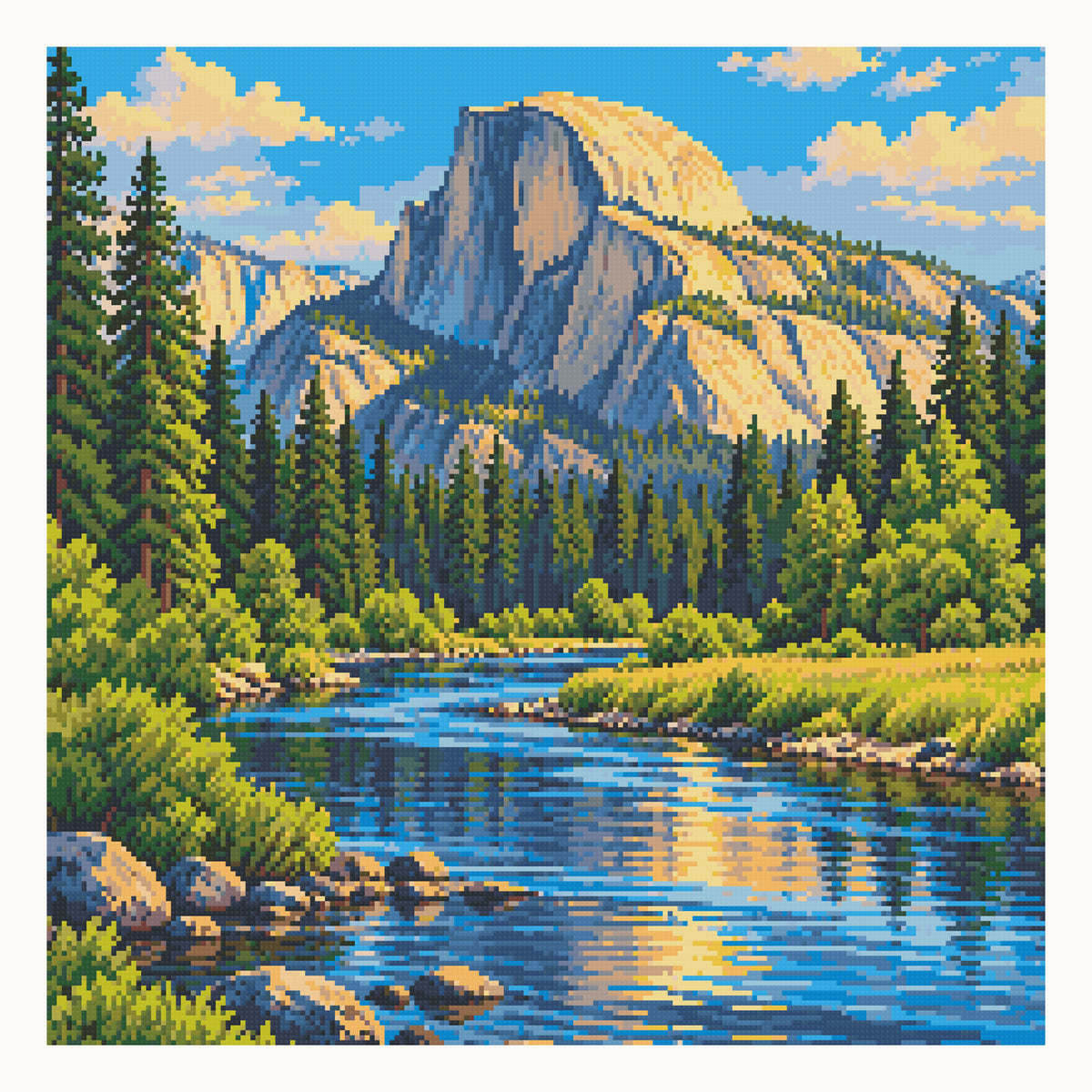 Half Dome & Merced River · 50 × 50 cm square-diamond digital preview. Finished colors and sparkle can vary.