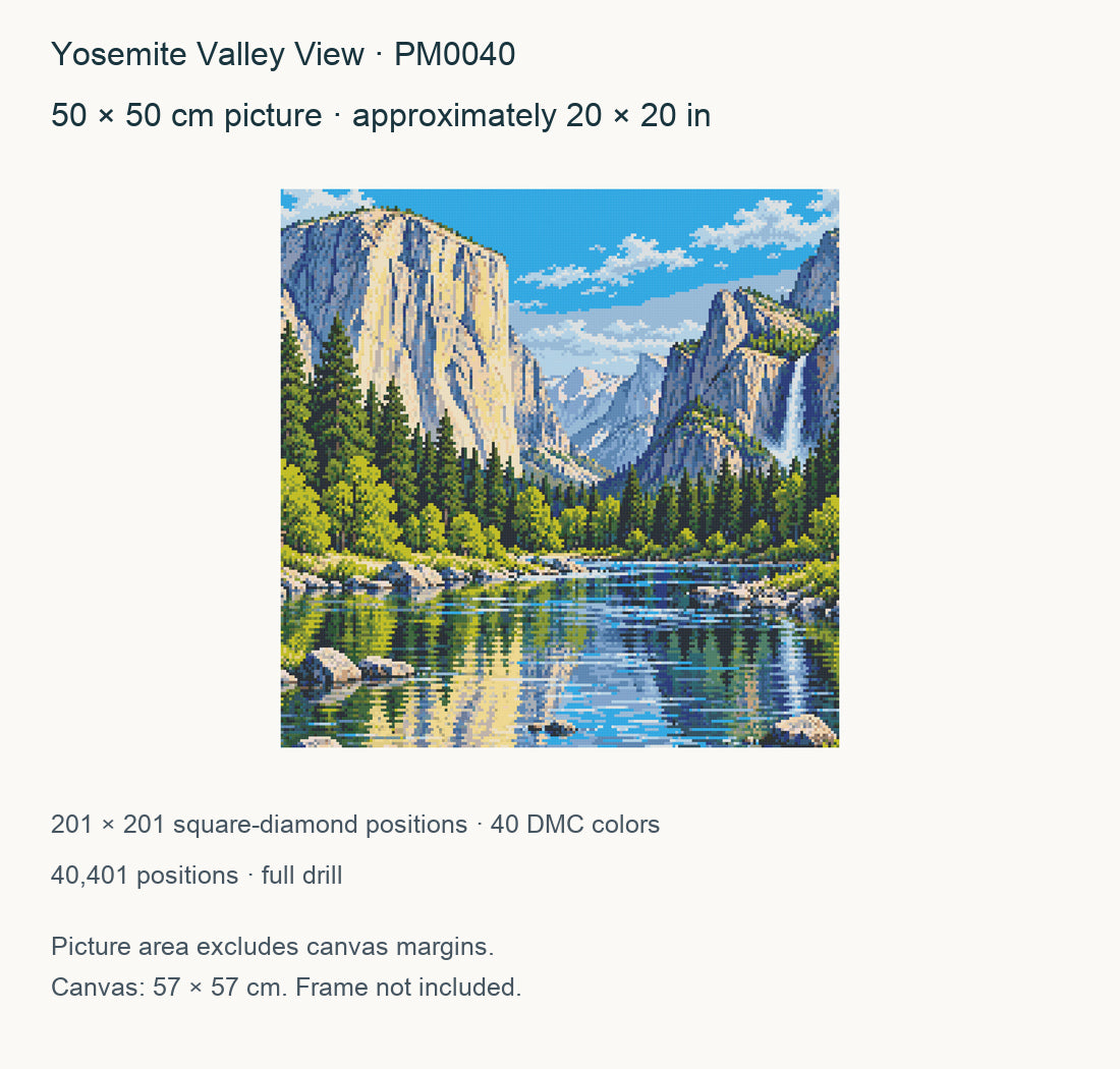 50 × 50 cm picture with 201 × 201 square-diamond positions. Canvas margins are extra; frame not included.