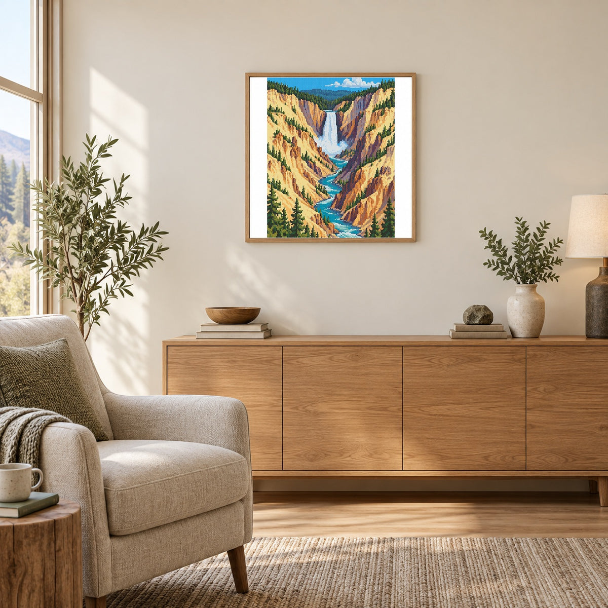 Room illustration showing an approximately 40 × 50 cm portrait picture in a matted frame. Frame not included; room scale is approximate.