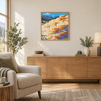 Room illustration showing an approximately 50 × 50 cm square picture. Frame not included; room scale is approximate.