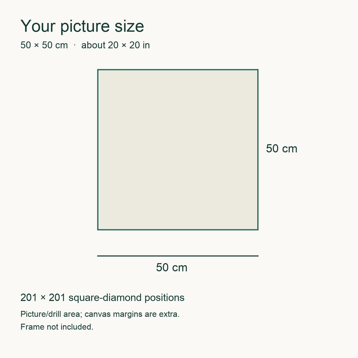 50 × 50 cm picture with 201 × 201 square-diamond positions. Canvas margins are extra; frame not included.