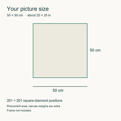 50 × 50 cm picture with 201 × 201 square-diamond positions. Canvas margins are extra; frame not included.