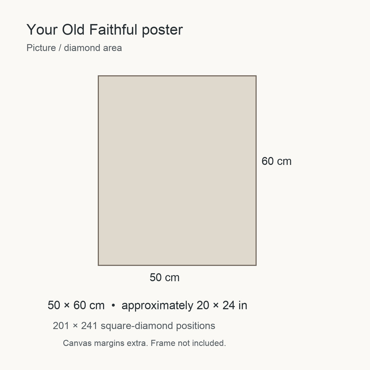 50 × 60 cm picture with 201 × 241 square-diamond positions. Canvas margins extra; frame not included.
