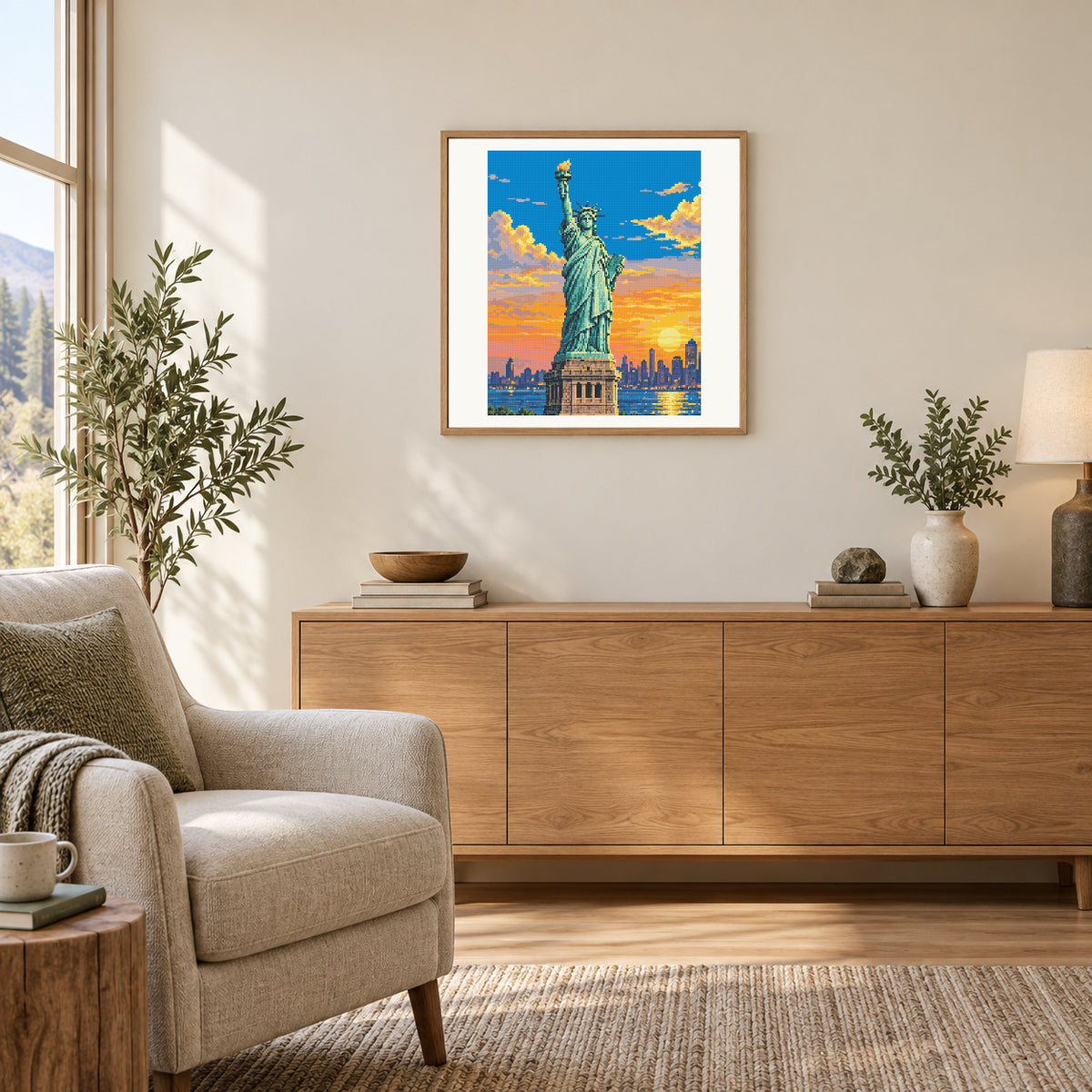 Room illustration showing an approximately 40 × 50 cm portrait picture in a matted frame. Frame not included; room scale is approximate.