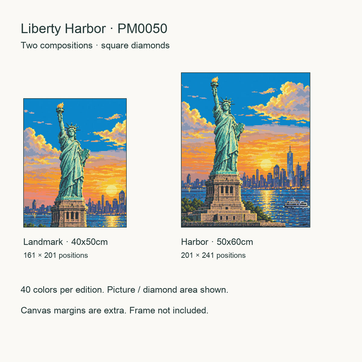 Liberty Harbor picture areas at one comparison scale: 40 × 50 cm Landmark and 50 × 60 cm Harbor. Square diamonds; canvas margins extra; frames not included.