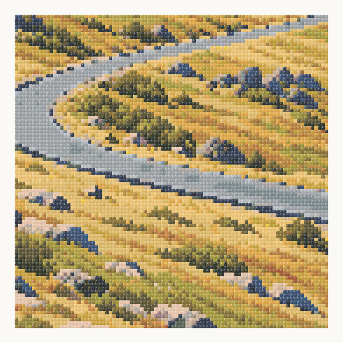Enlarged local square-diamond simulation of the road bend, golden tundra and rocks. Digital detail, not a finished sample photograph.