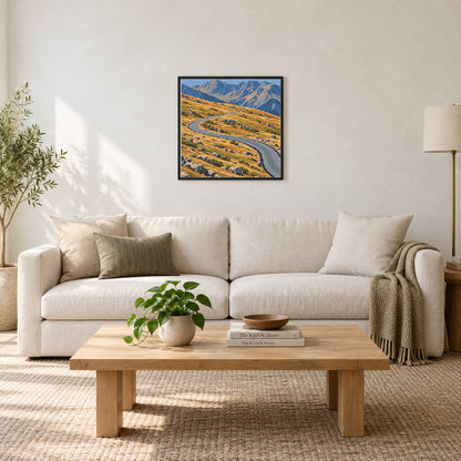 Room illustration showing an approximately 50 × 50 cm (19.7 × 19.7 in) picture, excluding the frame. Frame and props not included; room scale is approximate.