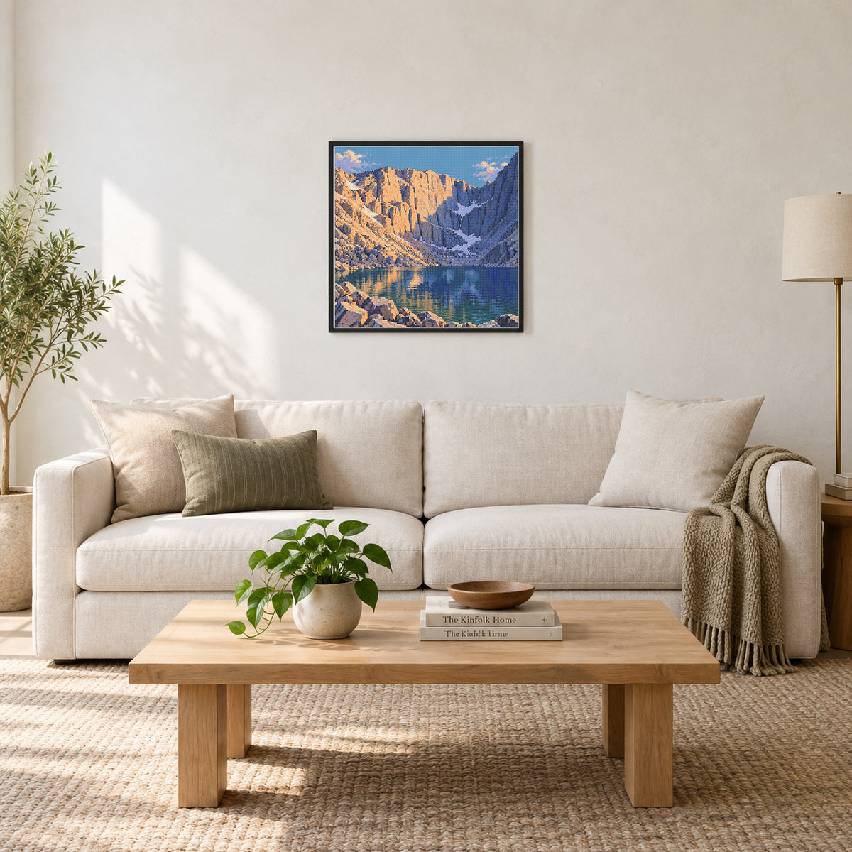 Room illustration showing an approximately 50 × 50 cm (19.7 × 19.7 in) picture, excluding the frame. Frame and props not included; room scale is approximate.