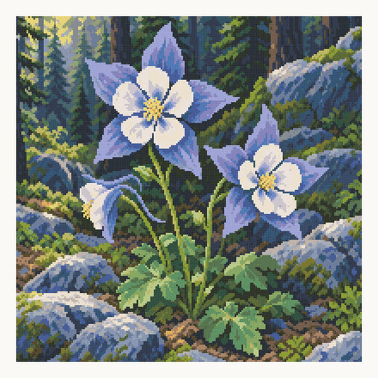 Colorado Blue Columbines — 50 × 50 cm square diamond painting. Digital drill preview; colors and sparkle may vary.
