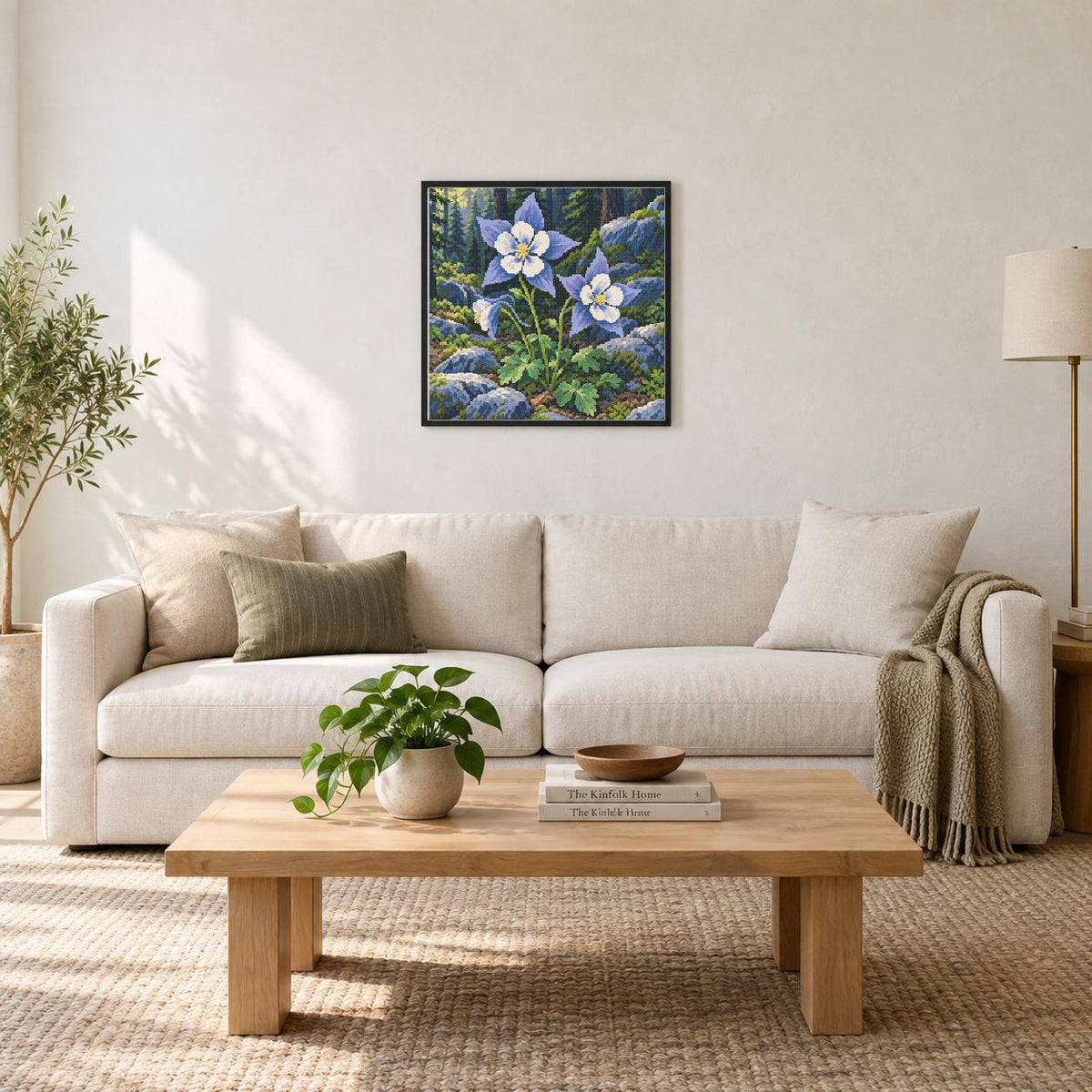 Room illustration with a digital preview of an approximately 50 × 50 cm picture (about 20 × 20 in). Frame and props excluded; room scale is approximate.