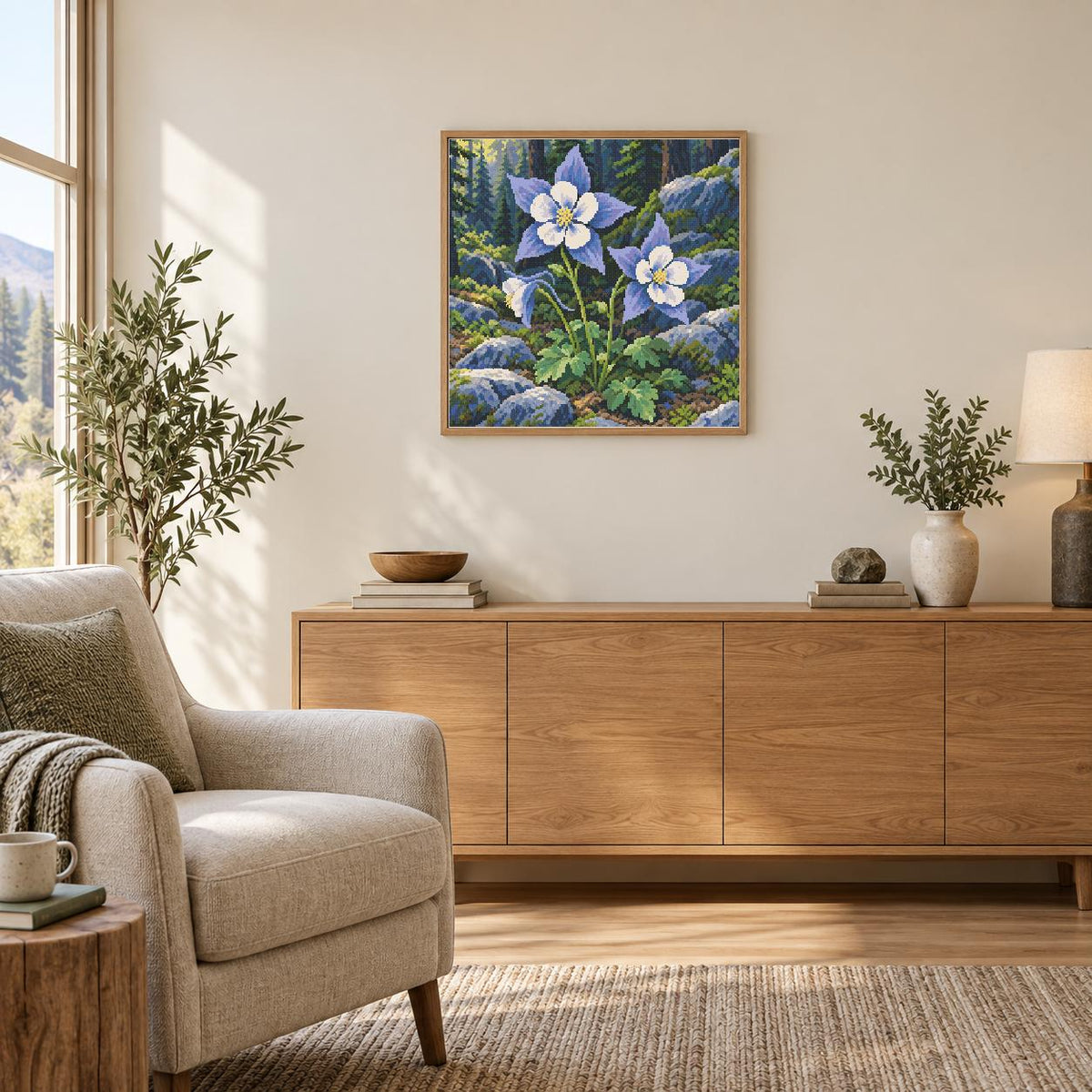 Room illustration with a digital preview of an approximately 50 × 50 cm picture (about 20 × 20 in). Frame and props excluded; room scale is approximate.