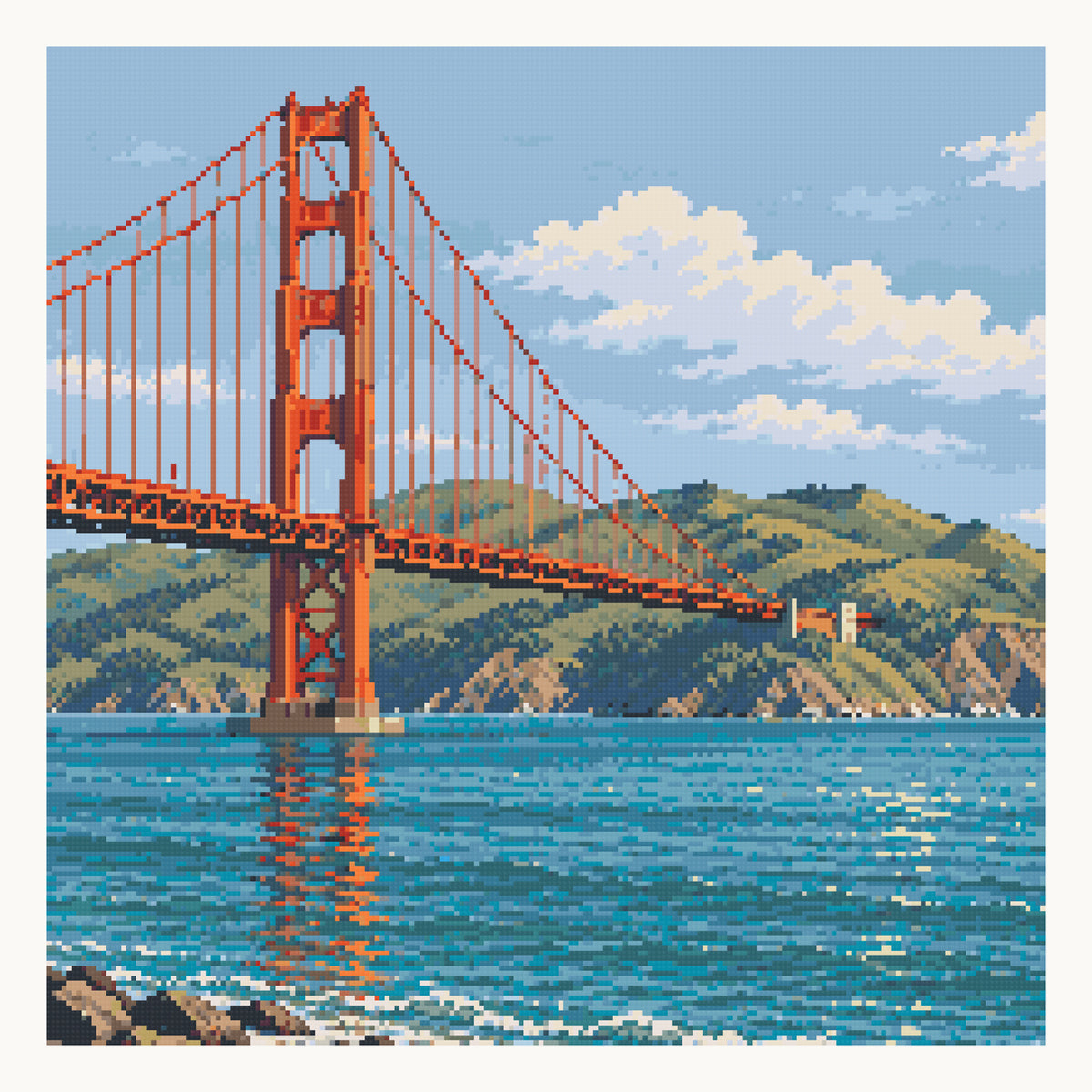 Golden Gate from Torpedo Wharf — digital square-diamond preview of the 50 × 50 cm picture area. Finished colors and sparkle can vary.
