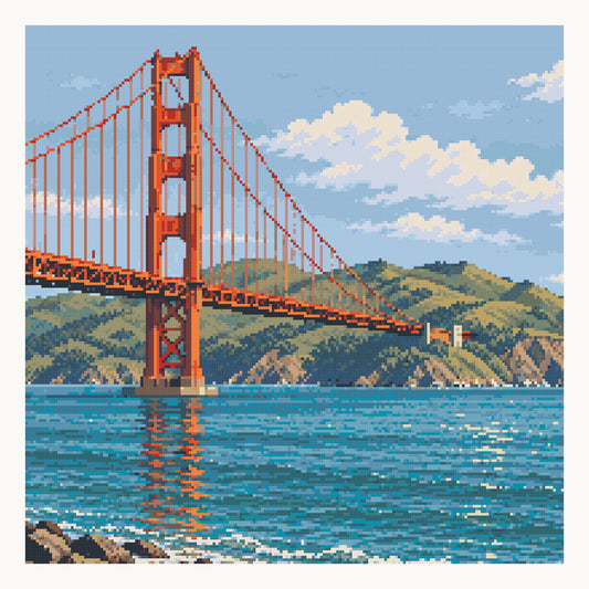 Golden Gate from Torpedo Wharf — digital square-diamond preview of the 50 × 50 cm picture area. Finished colors and sparkle can vary.