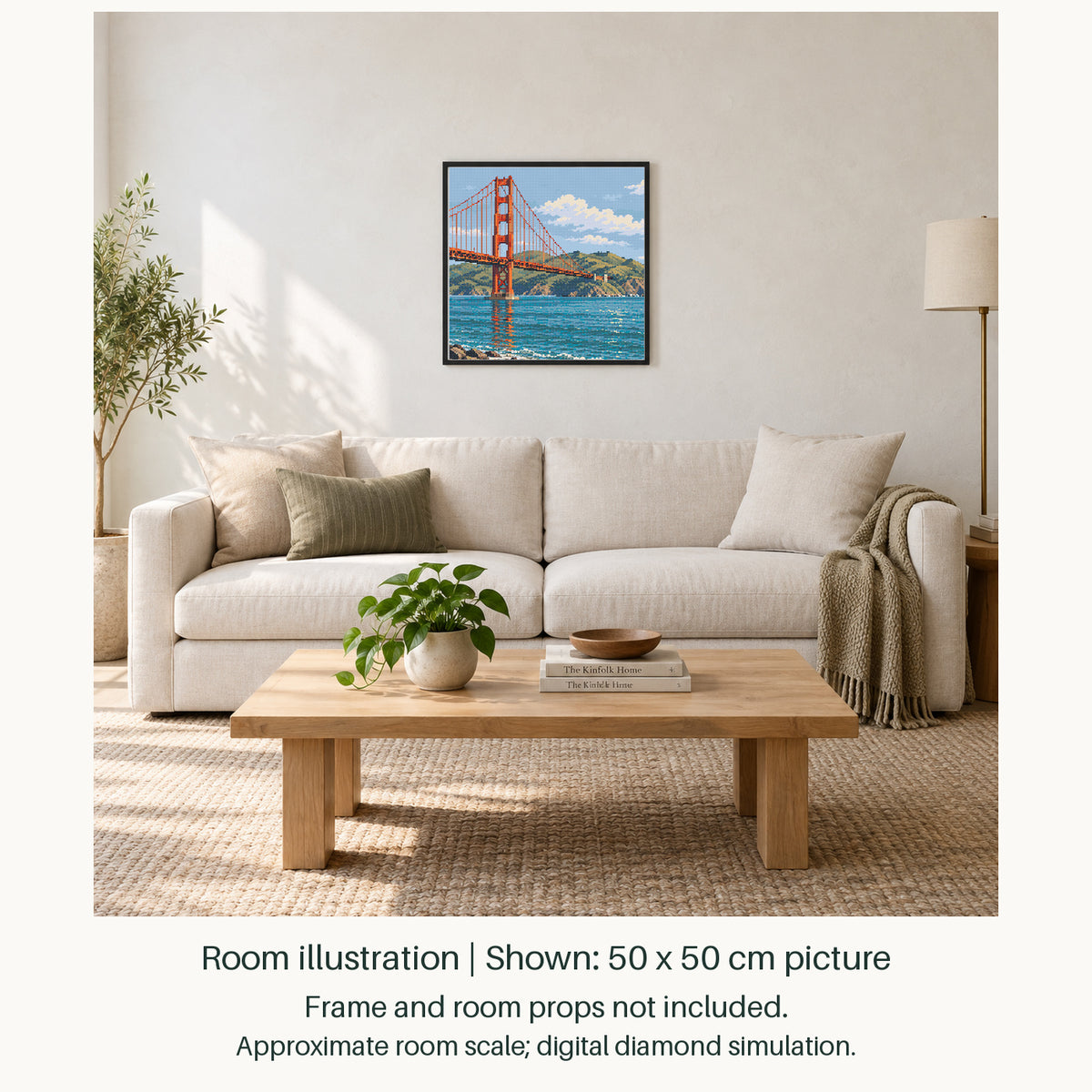 Room illustration showing an approximately 50 × 50 cm picture. Frame and room props not included; room scale is approximate.
