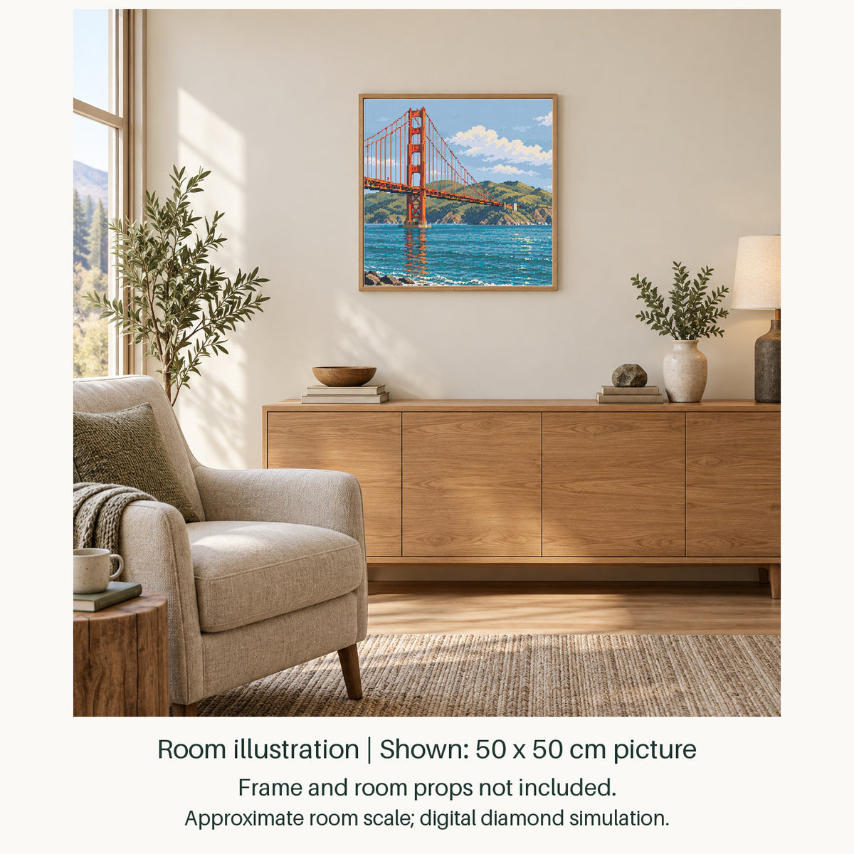 Room illustration showing an approximately 50 × 50 cm picture. Frame and room props not included; room scale is approximate.
