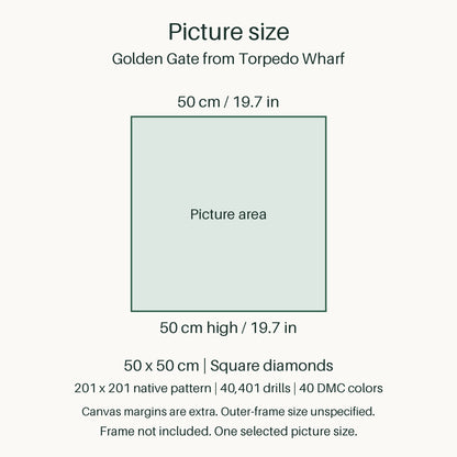 Proportional size guide for the sole 50 × 50 cm picture area. Canvas margins are extra; outer-frame size unspecified. Frame not included.