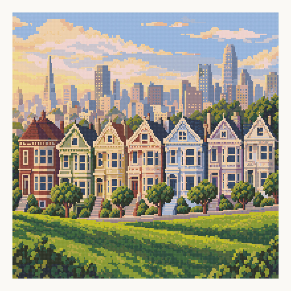 Painted Ladies from Alamo Square — digital square-diamond preview of the 50 × 50 cm picture area. Finished colors and sparkle can vary.