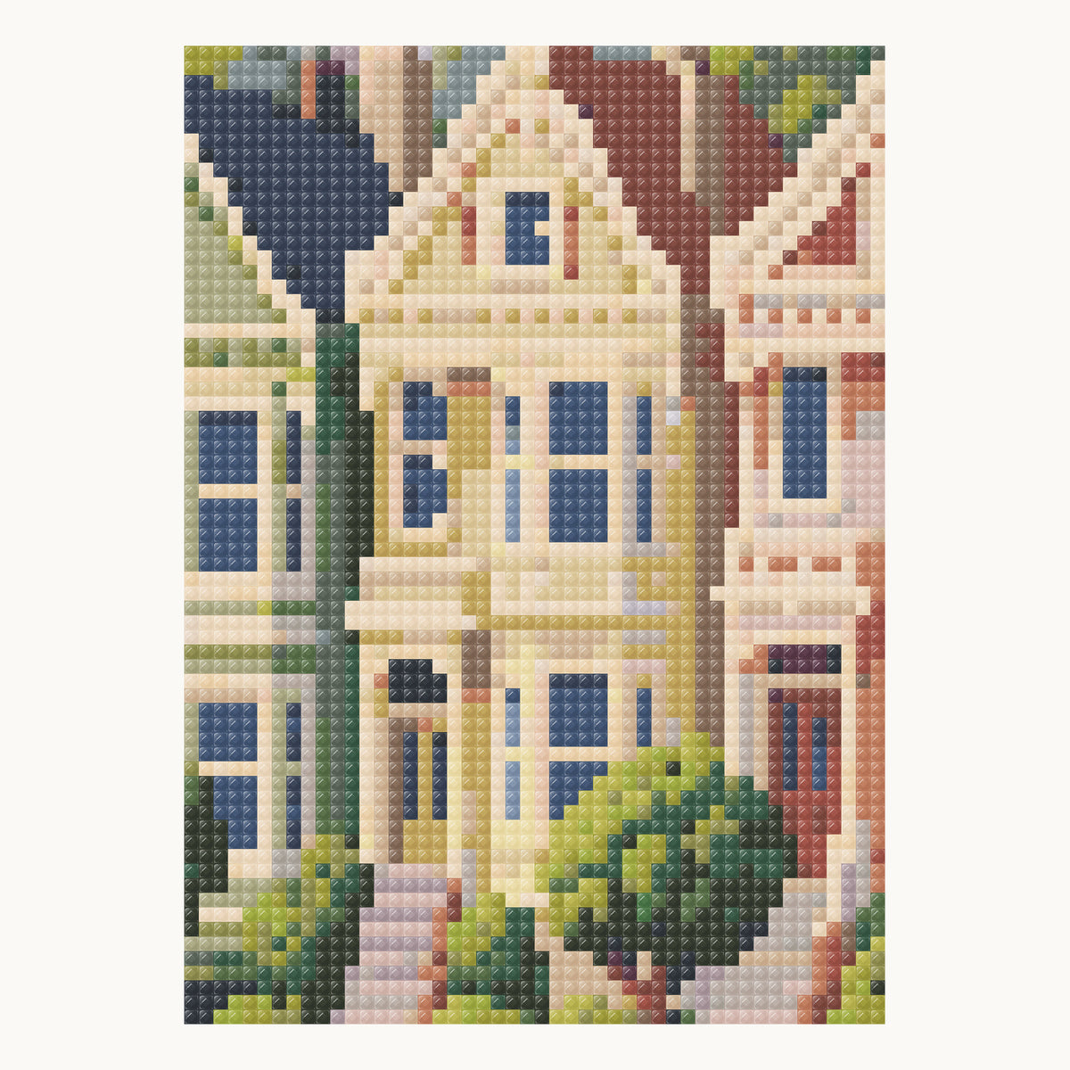 Enlarged local square-diamond simulation of the yellow facade, neighboring bay windows, steps and shrubs; not a finished-sample photograph.