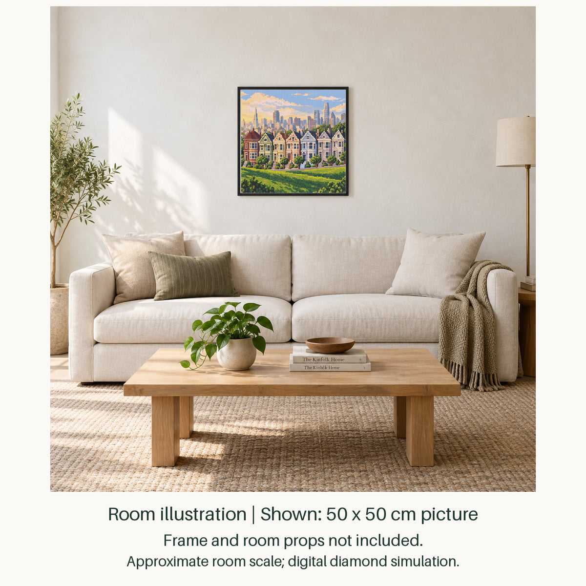 Room illustration showing an approximately 50 × 50 cm picture. Frame and room props not included; room scale is approximate.