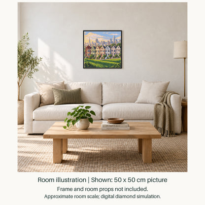 Room illustration showing an approximately 50 × 50 cm picture. Frame and room props not included; room scale is approximate.