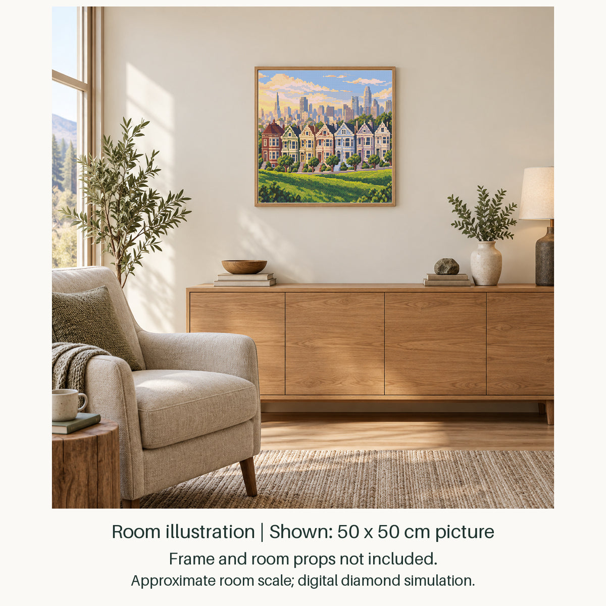 Room illustration showing an approximately 50 × 50 cm picture. Frame and room props not included; room scale is approximate.