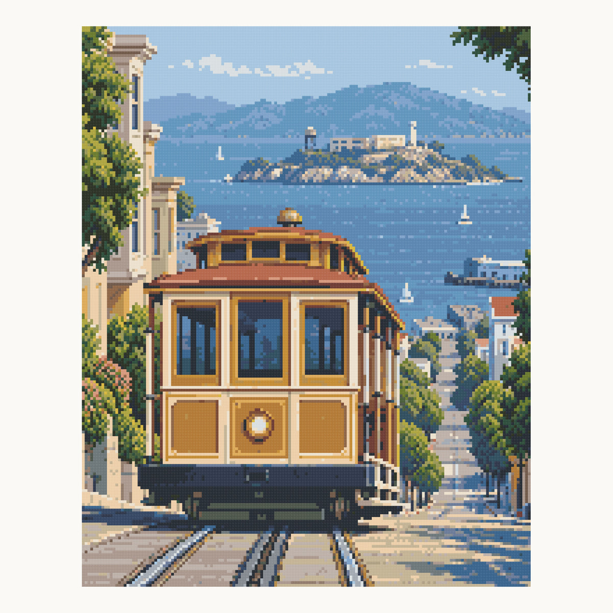 Hyde Street Cable Car and Bay — digital square-diamond preview of the 40 × 50 cm picture area. Finished colors and sparkle can vary.