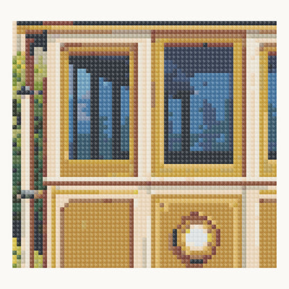 Enlarged local square-diamond simulation of pale timber window frames, dark glazing and the front lamp; not a finished-sample photograph.