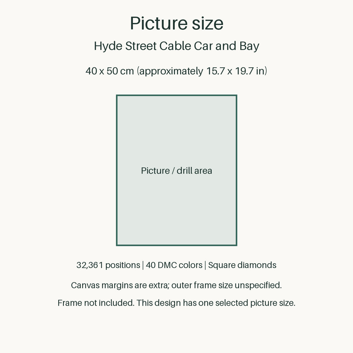 Proportional size guide for the sole 40 × 50 cm picture area. Canvas margins are extra; outer-frame size unspecified. Frame not included.