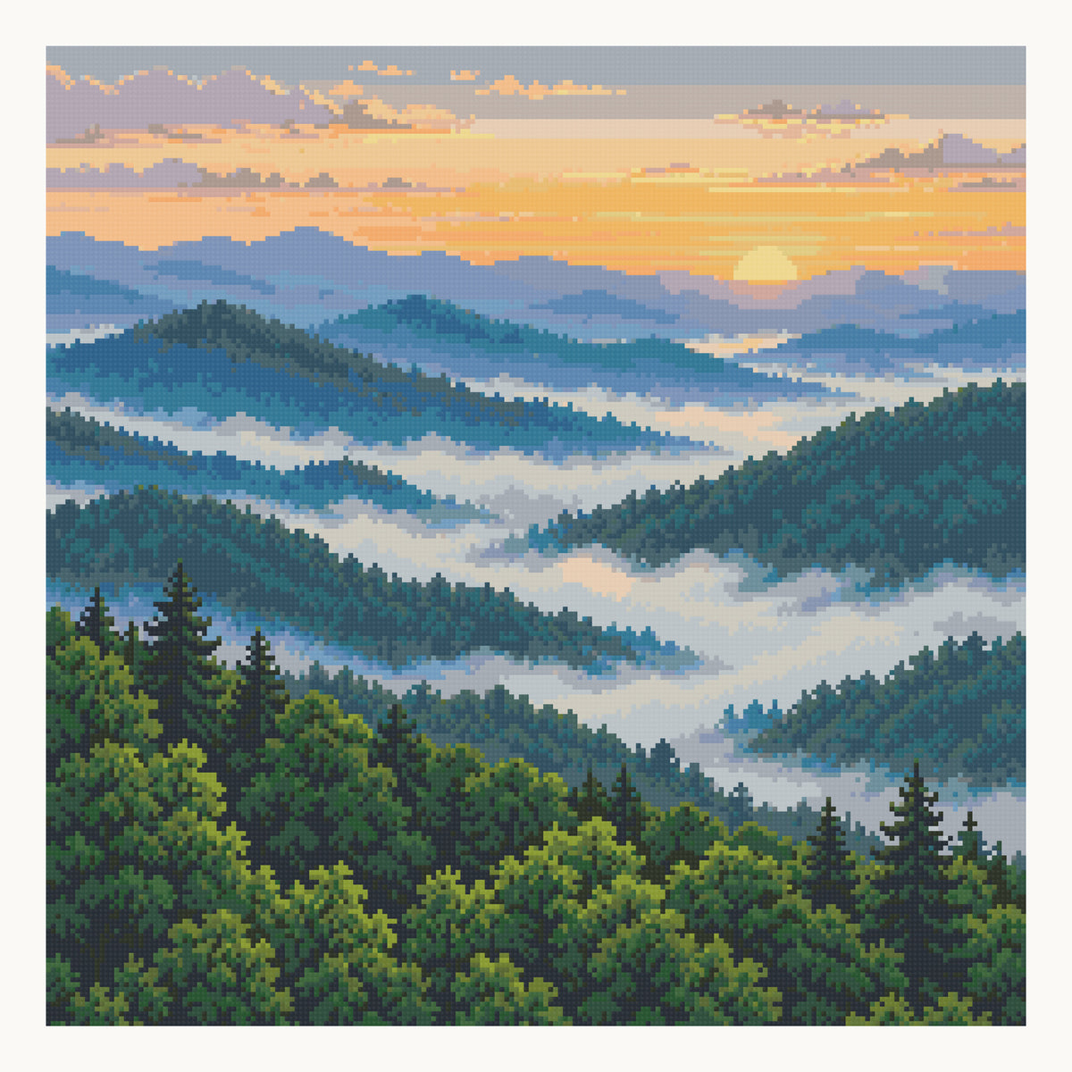 Layered Misty Ridges — original Great Smoky Mountains artwork, shown as a digital preview of the 50 × 50 cm picture area. Finished colors and sparkle can vary.