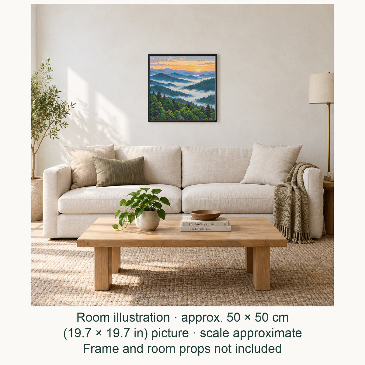 Room illustration showing an approximately 50 × 50 cm (19.7 × 19.7 in) picture, excluding the frame. Frame and room props not included; room scale is approximate.