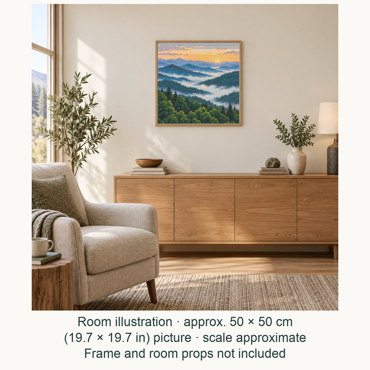 Room illustration showing an approximately 50 × 50 cm (19.7 × 19.7 in) picture, excluding the frame. Frame and room props not included; room scale is approximate.