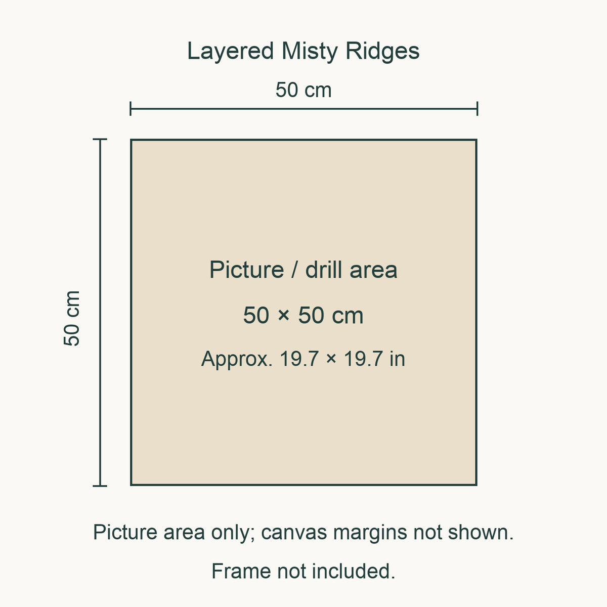 Size guide for this design: 50 × 50 cm (approximately 19.7 × 19.7 in) picture/drill area. Canvas margins and outer frame dimensions are not shown. Frame not included.