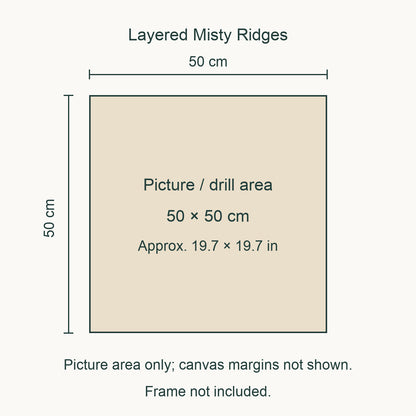 Size guide for this design: 50 × 50 cm (approximately 19.7 × 19.7 in) picture/drill area. Canvas margins and outer frame dimensions are not shown. Frame not included.