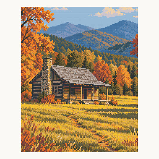 Cades Cove Autumn — original Great Smoky Mountains artwork, shown as a digital preview of the 40 × 50 cm picture area. Finished colors and sparkle can vary.