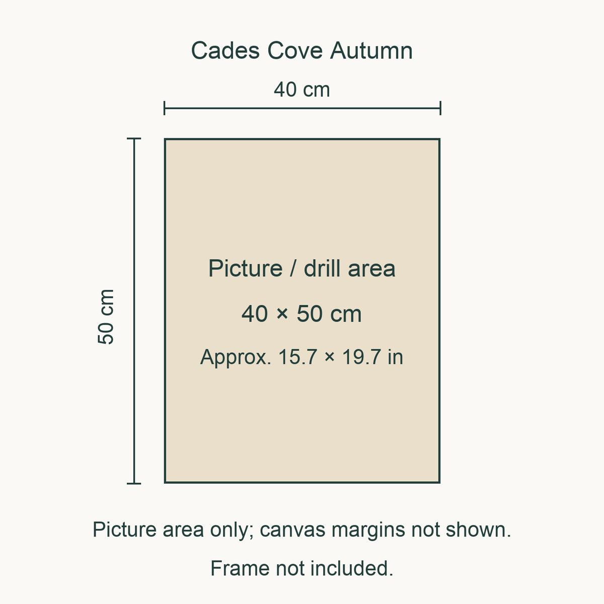 Size guide for this design: 40 × 50 cm (approximately 15.7 × 19.7 in) picture/drill area. Canvas margins and outer frame dimensions are not shown. Frame not included.