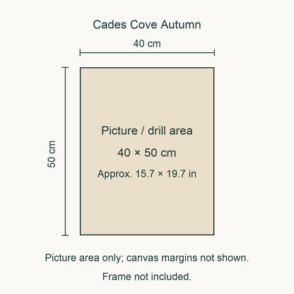 Size guide for this design: 40 × 50 cm (approximately 15.7 × 19.7 in) picture/drill area. Canvas margins and outer frame dimensions are not shown. Frame not included.