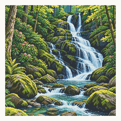 Mouse Creek Falls — original Great Smoky Mountains artwork, shown as a digital preview of the 50 × 50 cm picture area. Finished colors and sparkle can vary.
