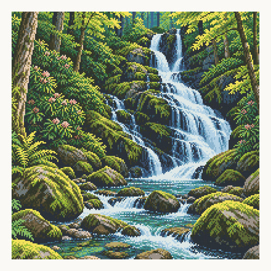 Mouse Creek Falls — original Great Smoky Mountains artwork, shown as a digital preview of the 50 × 50 cm picture area. Finished colors and sparkle can vary.
