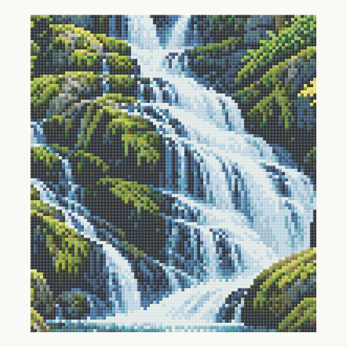 Mouse Creek Falls — enlarged local digital square-drill detail from the same 50 × 50 cm pattern; not a finished sample photo.