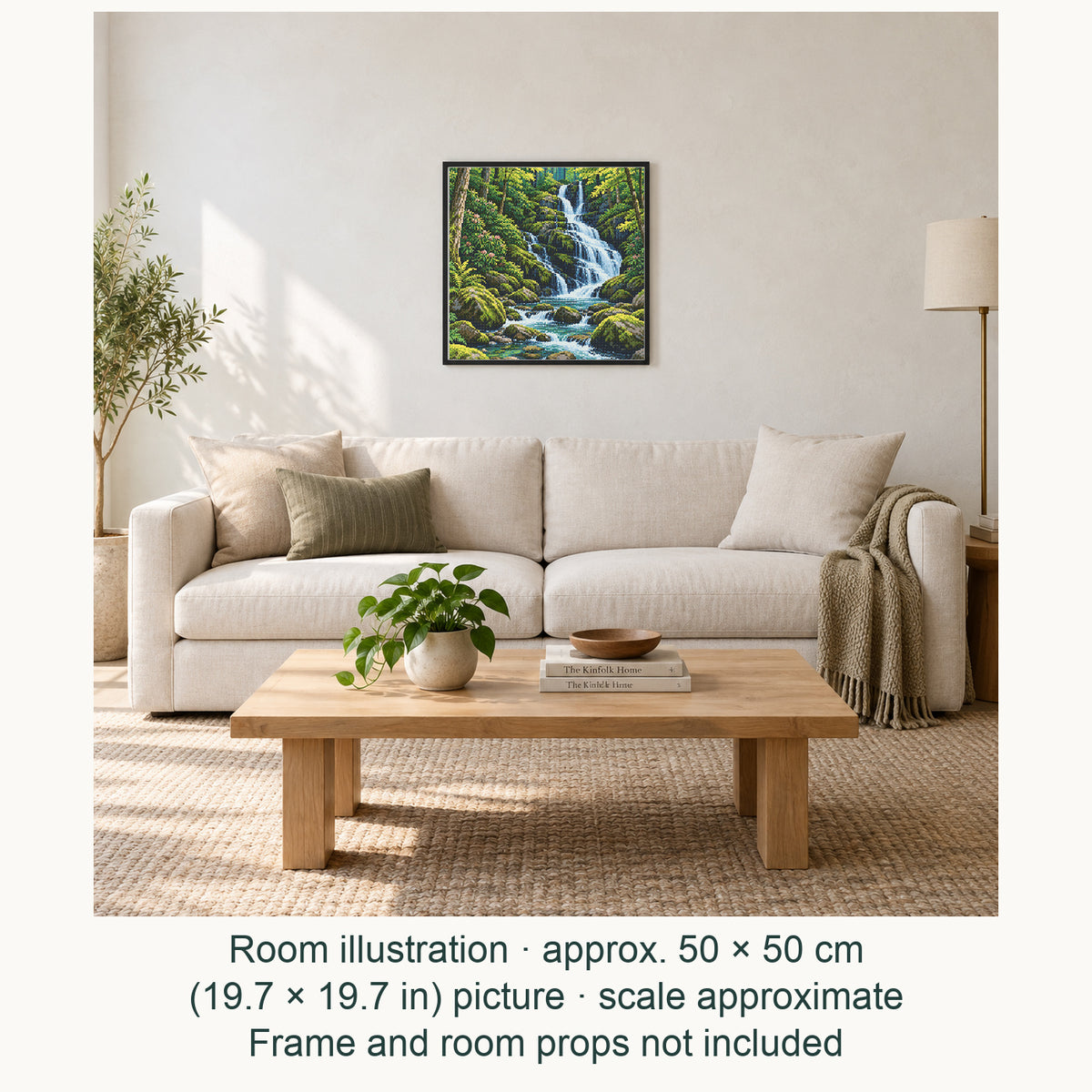 Room illustration showing an approximately 50 × 50 cm (19.7 × 19.7 in) picture, excluding the frame. Frame and room props not included; room scale is approximate.