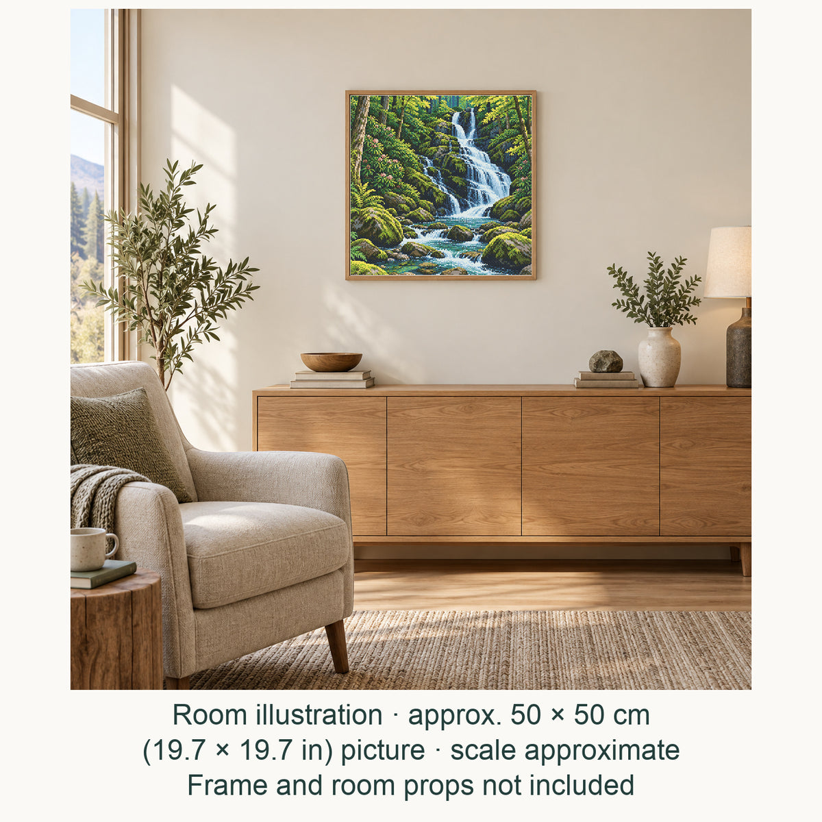 Room illustration showing an approximately 50 × 50 cm (19.7 × 19.7 in) picture, excluding the frame. Frame and room props not included; room scale is approximate.