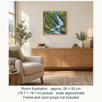 Room illustration showing an approximately 50 × 50 cm (19.7 × 19.7 in) picture, excluding the frame. Frame and room props not included; room scale is approximate.