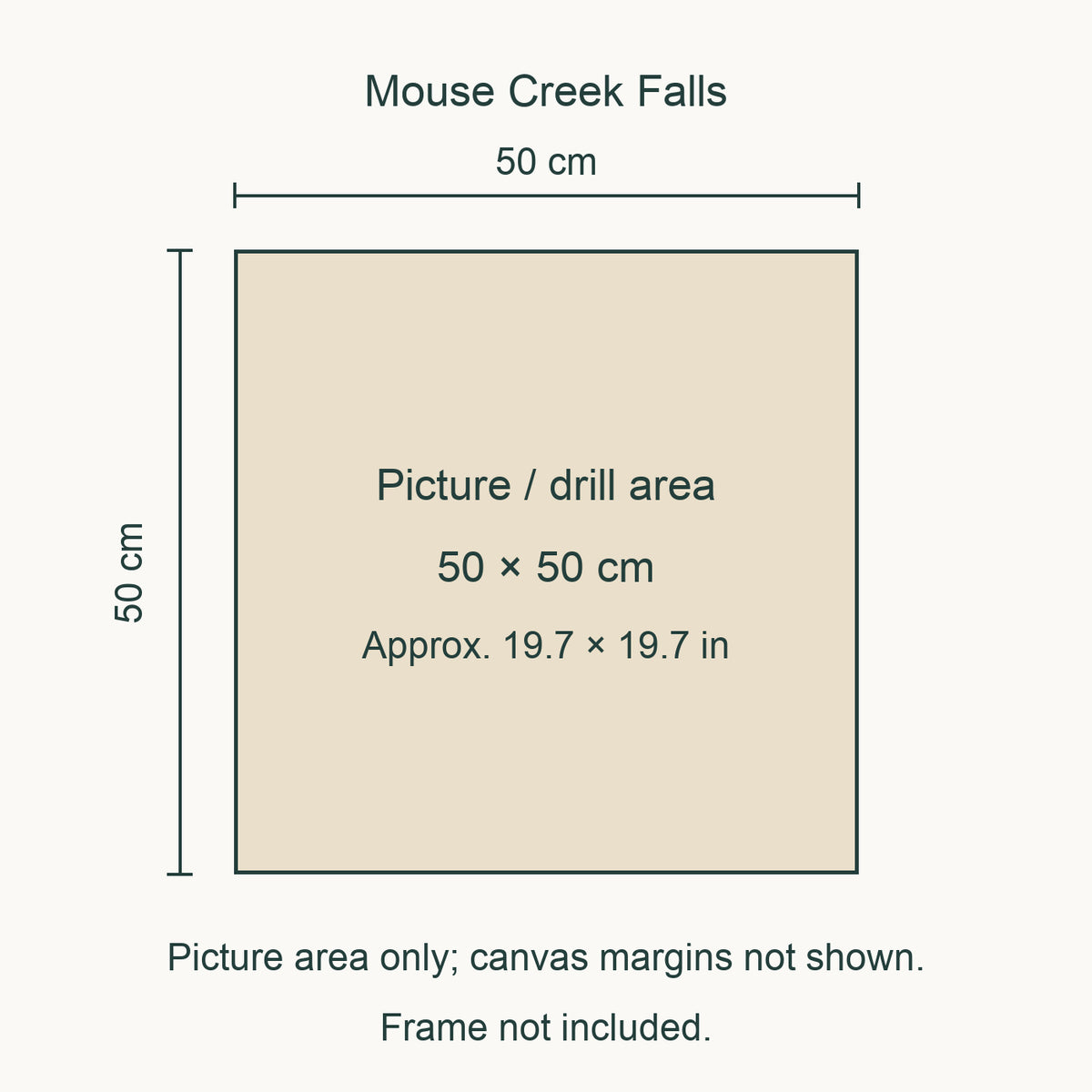 Size guide for this design: 50 × 50 cm (approximately 19.7 × 19.7 in) picture/drill area. Canvas margins and outer frame dimensions are not shown. Frame not included.